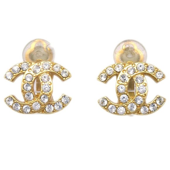 Chanel CC Rhinestone Earrings Clip-On Gold 02A - Picture 1 of 4